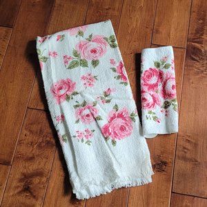 Vintage St Mary's Rose Print Bath Towel and Washcloth Set of 2 NWT White Pink Gr